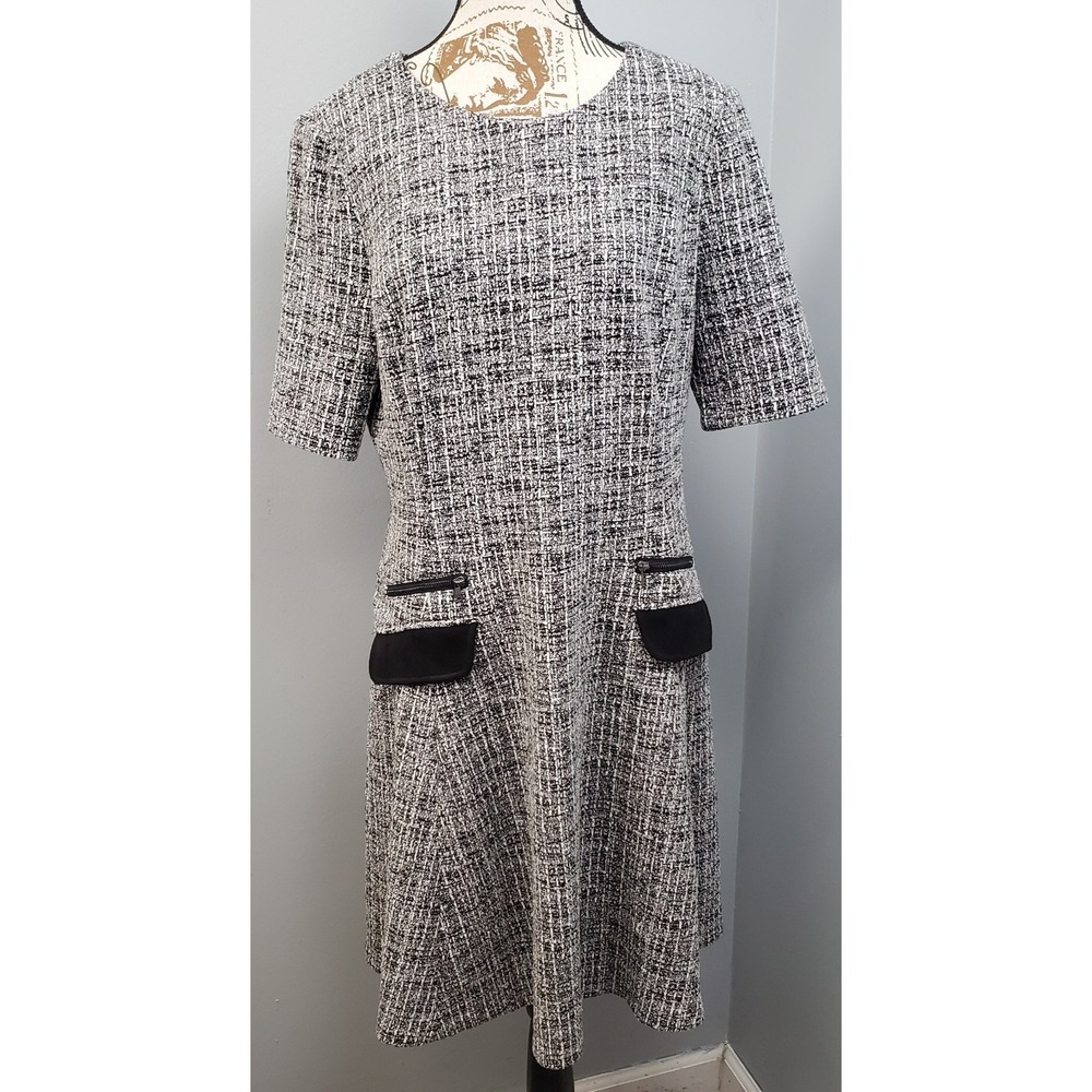 DKNY A-Line Tweed Dress Womens 16 White Black Short Sleeve Zipper Flap-Pocket
